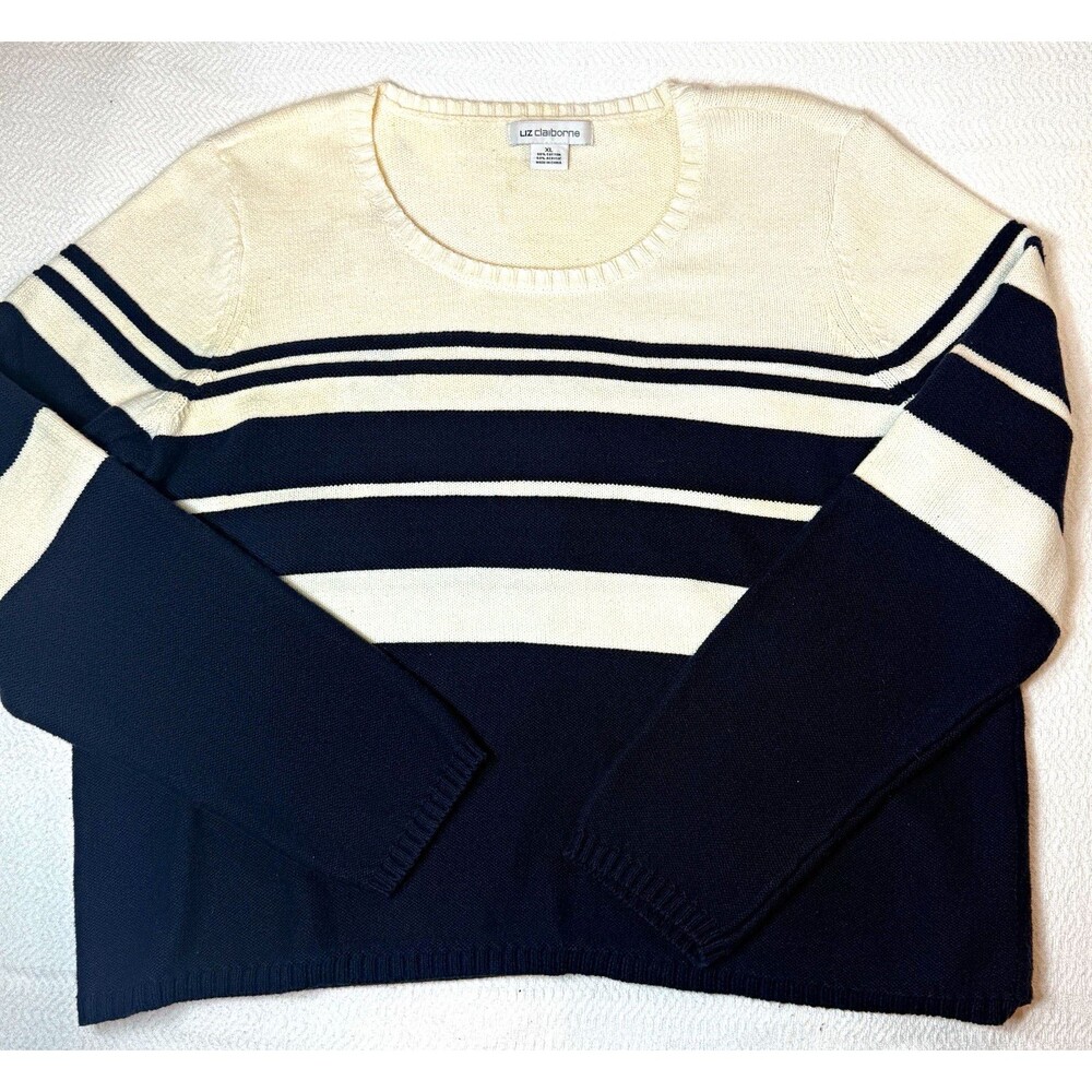 Liz Claiborne Womens XL Striped Knit Pullover Sweater Navy/Cream Scoop Neck